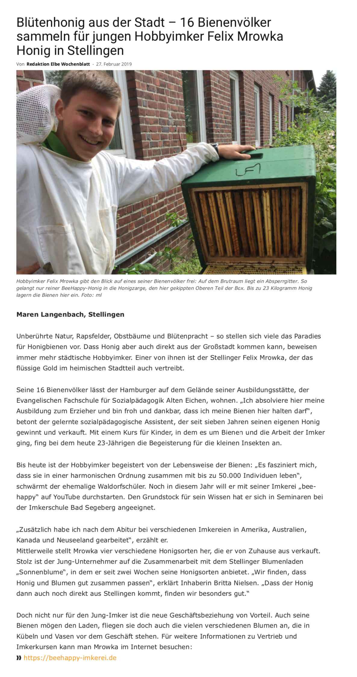 Blütenhonig aus der Stadt – 16 Bienenvölker sammeln für jungen Hobbyimker Felix Mrowka Honig in Stellingen - Artikel aus dem Elbe Wochenblatt