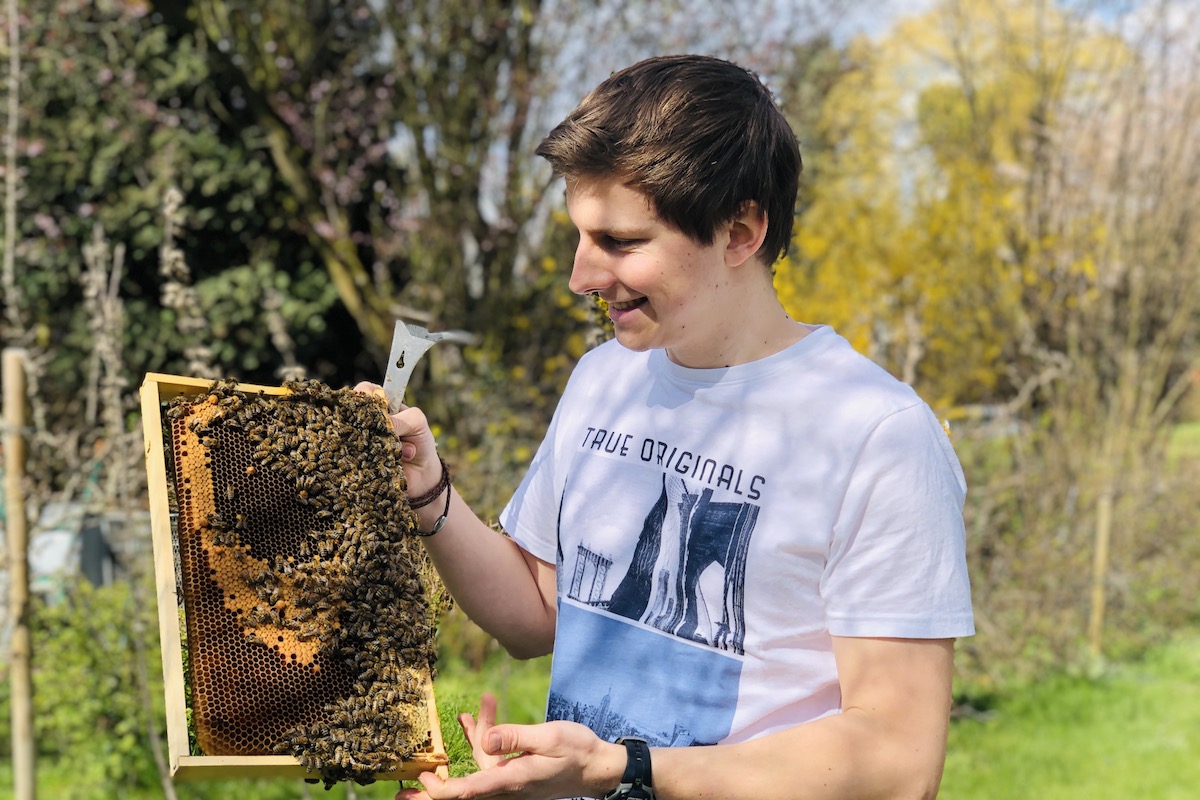 Imker Felix Mrowka im T-Shirt mit Bienenwabe